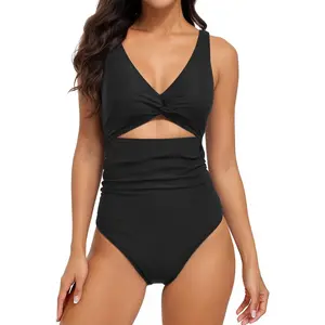 Women's V-Neck Cutout One-Piece Swimsuit - Twist Front Tummy Control Bathing Suit for Beach & Pool, Swim Bodysuit, Cutout Bathing Suits