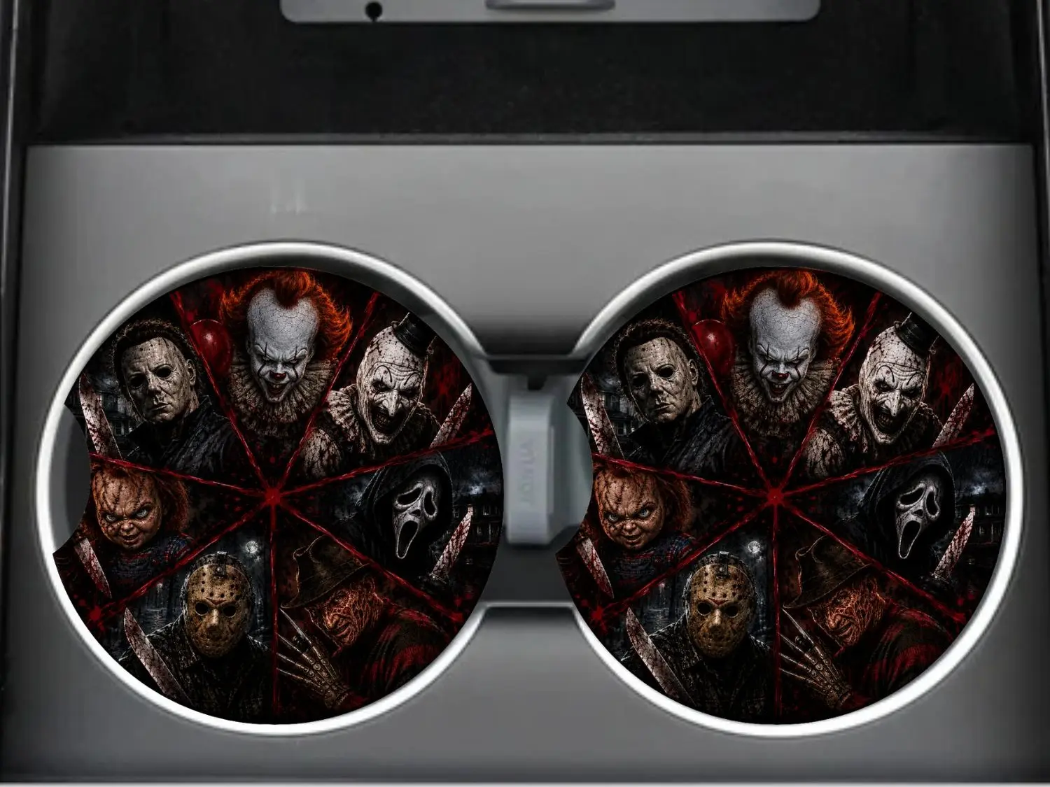 Horror Spooky 2-Pack Car Coasters, Wear-Resistant Material, Anti-Slip Fleece, Dashboard Automotive Interior Decoration, Plug-and-Play Gift Set sohochic