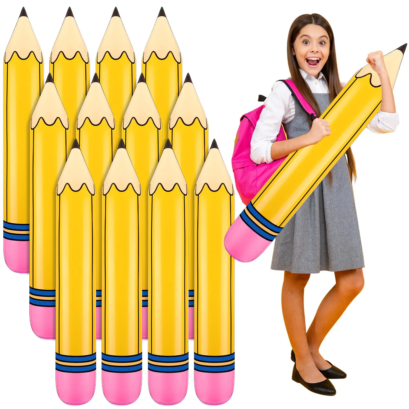 12-Piece Colorful PVC Giant Pencil Inflatable Balloons - Decorative Feature, Indoor Festive & Party Supplies with Longevity and Resilience for Back to School Classroom First-Day Events