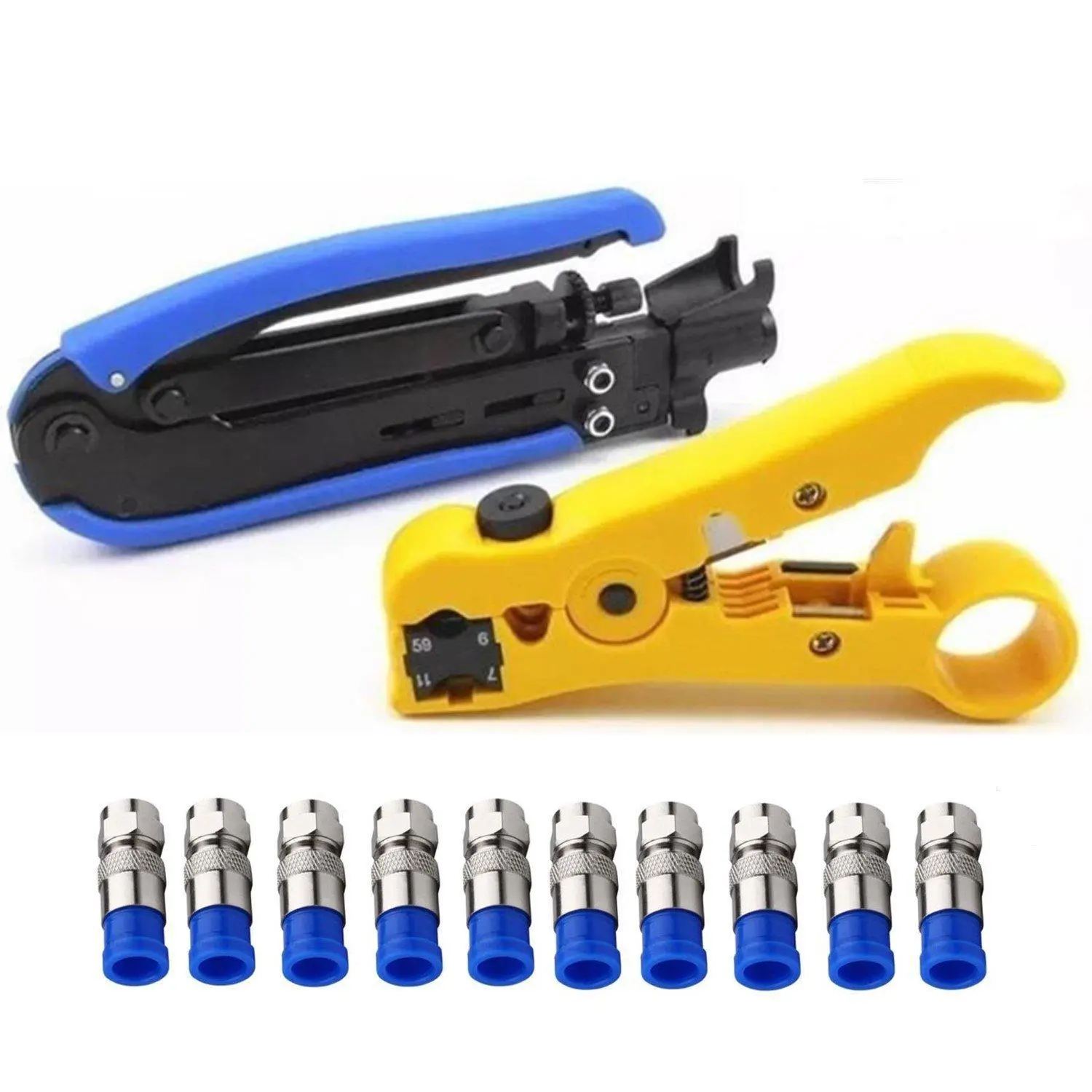 Coaxial Compression Tool Coax Cable Crimper Kit RG6, RG59, RG11 Compression Connectors 75-5 & 75-7 - 10pcs RG6 F Compression Connectors with Blue