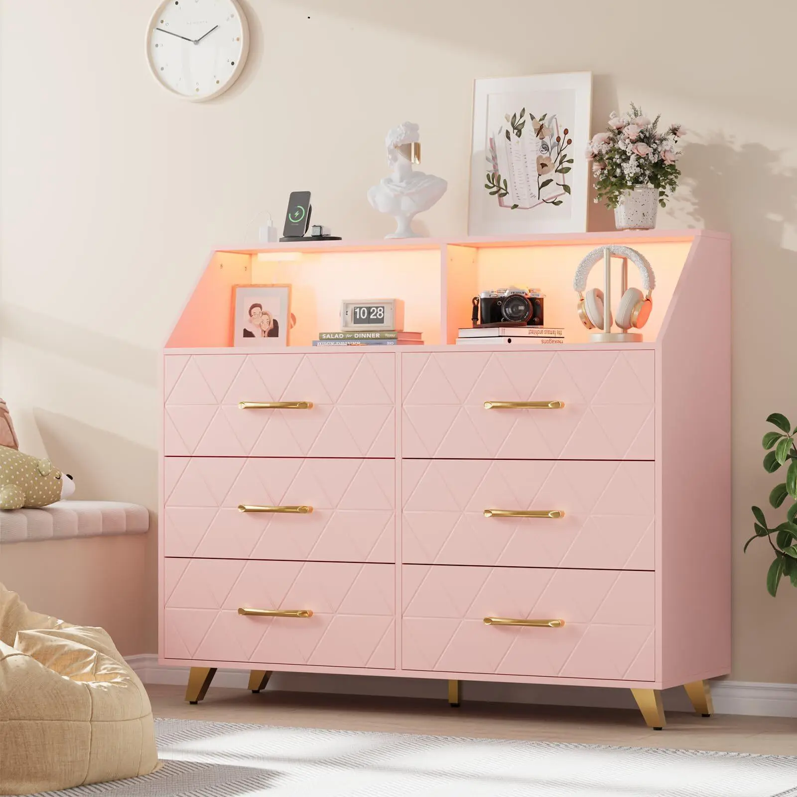 Pink 6-Drawer Sturdy Modern Bedroom Dresser - Built-in Charging Station with USB Ports, Stylish LED Lighting, Durable Frame - Indoor Storage Chest for Children's Room, Charging Port, Children Room