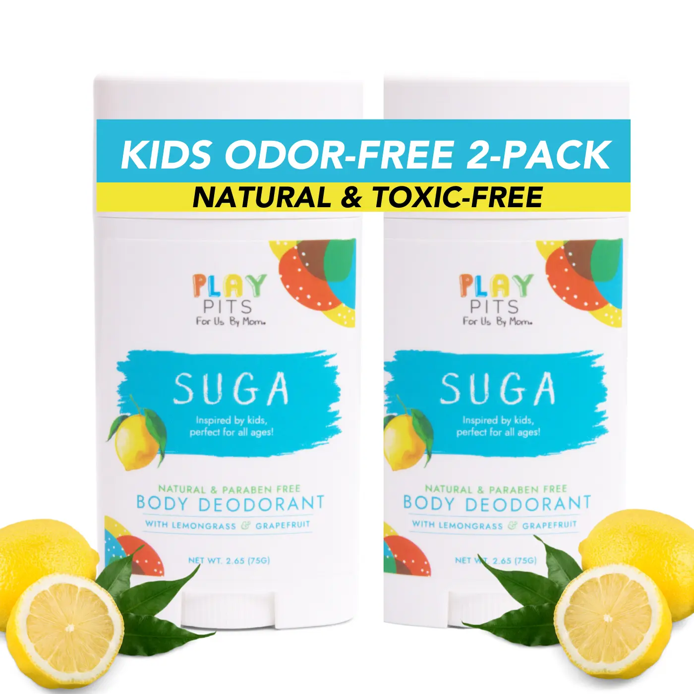 PLAY PITS - Natural Kids Whole Body Deodorant Deodorant - Safe for Girls and Boys w/Sensitive Skin of All Ages - Clean - Toxic & Paraben Free - SUGA Scent - Infused w/Essential Oils – 2.65 fl.oz (Pack of 2)