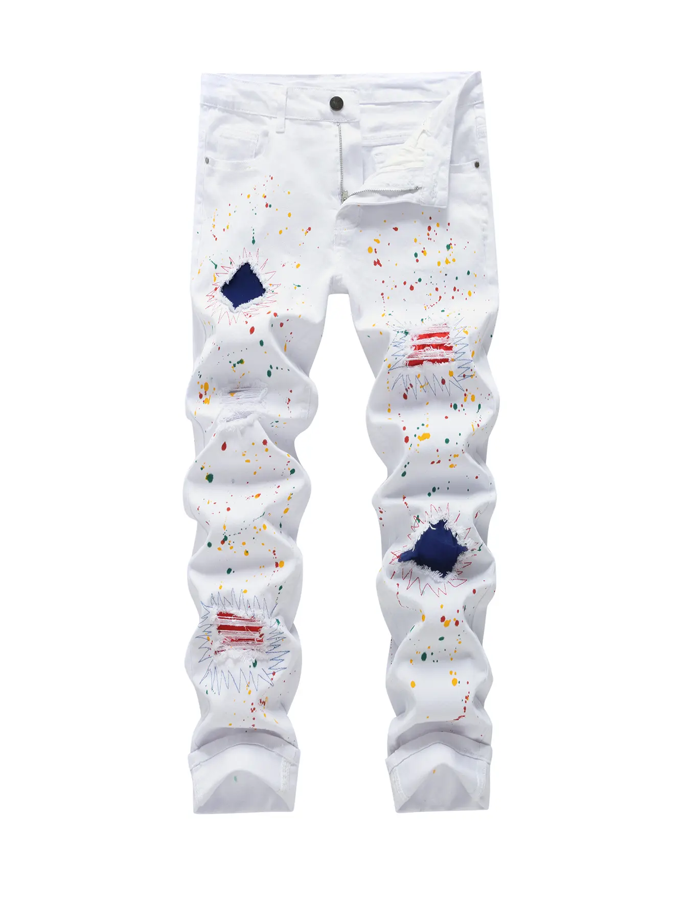 Men's Cotton Stretch Slim Fit Ripped Distressed Striped Grunge Aesthetic Jeans - Comfort Flex Waist, Splatter Colorblock Design, Multi-Function Casual Streetwear Menswear for Holiday All-Season Retro Style