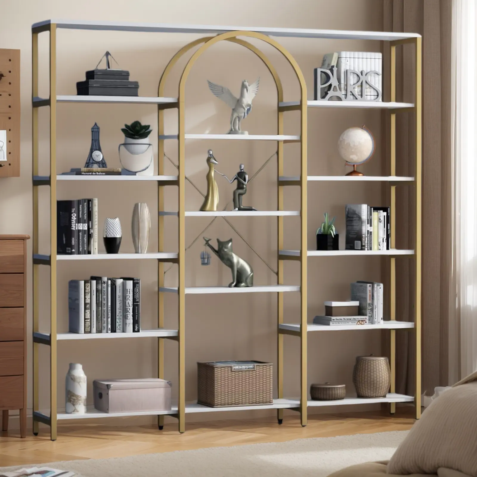 Gyfimoie Triple Wide Gold Bookshelf, 70.87" W x 71.34" H Large Modern Etagere Bookcase, Tall Display Shelf with 13-Tier Open Shelves, Freestanding Staggered Storage Shelf for Home, White/Gold