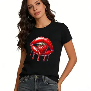Red Lips & Strawberry Drip Graphic Tee, Unisex Black Cotton T-Shirt, Bold Y2K Style Shirt, Casual Streetwear Apparel, Fun Fruit & Lip Design Top