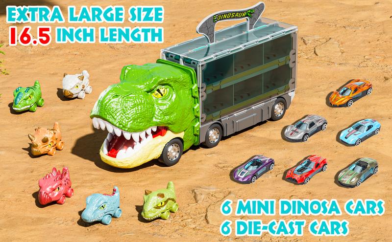 toy cars kids 6 Die-cast Cars & 6 Dino Trucks Toy Set - Foldable Race ...