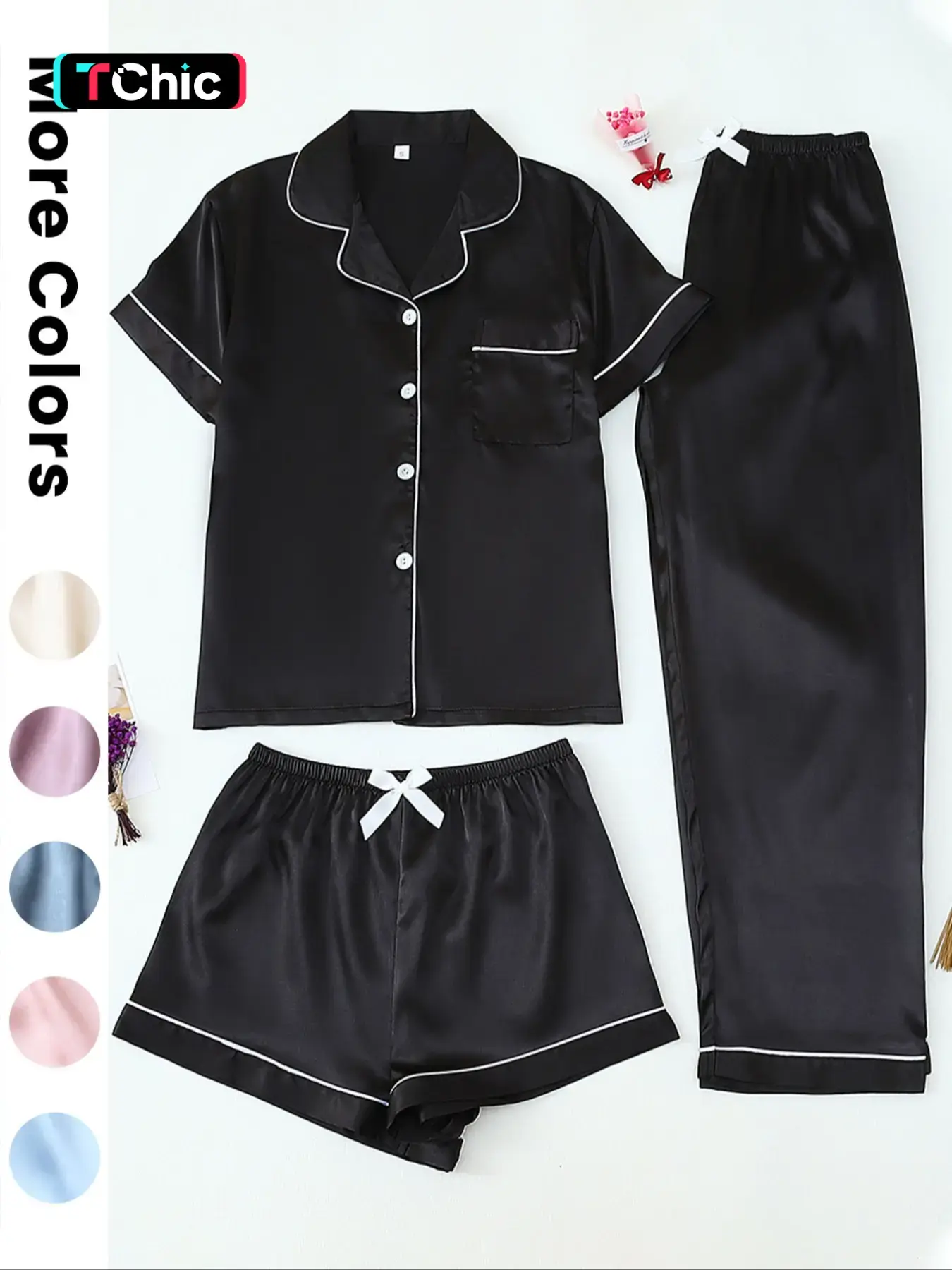 Women's Satin Sleepwear Loungewear Set, 3-Piece Basic Pajama Set, Button Front Top & Bow Decor Shorts & Pants, Casual Homewear for Women