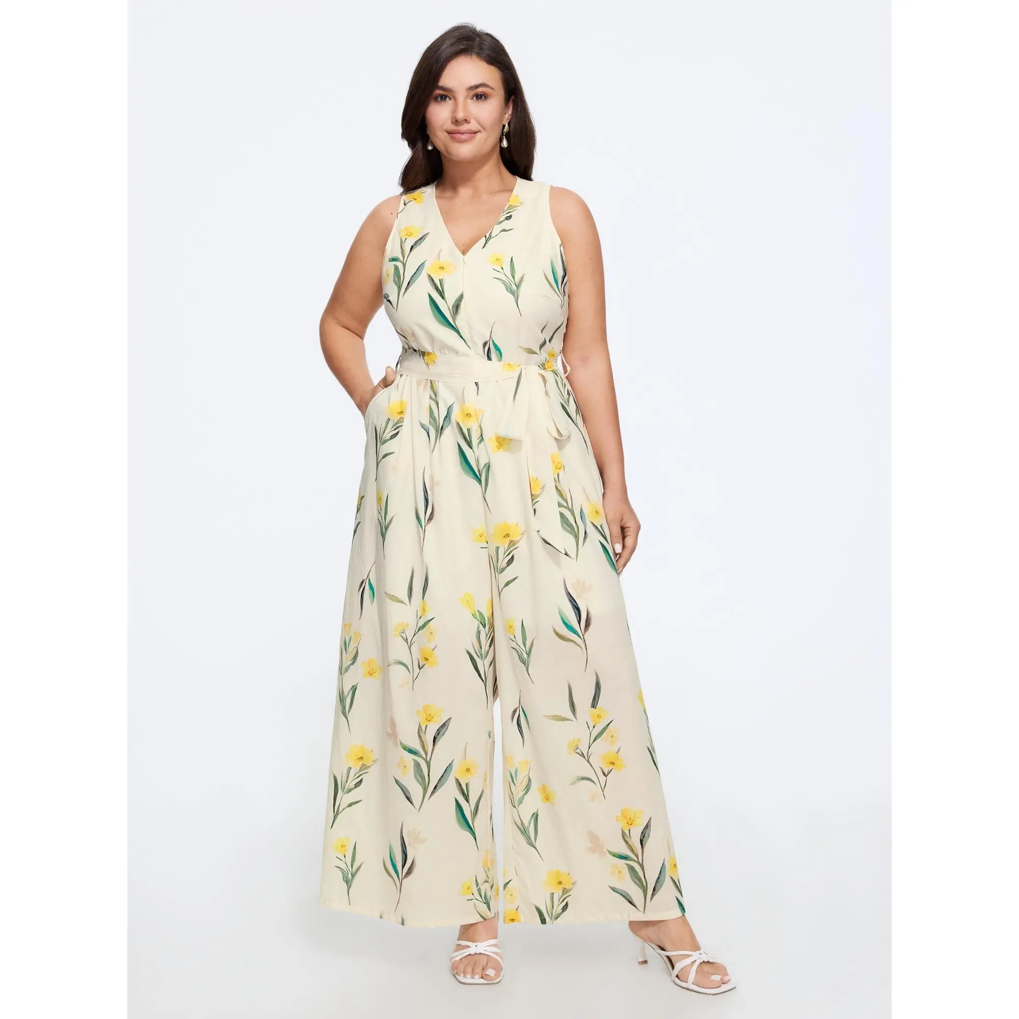 BLOOMCHIC Plus Size Floral Print Belted Sleeveless Wide Leg Jumpsuit[M-6X] Back To School,Spotlight Day