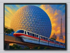Futuristic Theme Park Monorail Poster – Spaceship Earth Style Wall Art, Retro Travel Park Print, Sci-Fi Transit Landscape, Modern EPCOT Inspired Poster