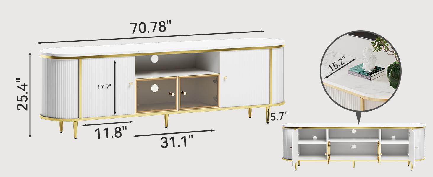 oneinmil Luxury 70" Fluted TV Stand Modern Entertainment Center for TVs Up to 80" Faux Marble Tabletop Curved Profile Design White Media Console for Living Room