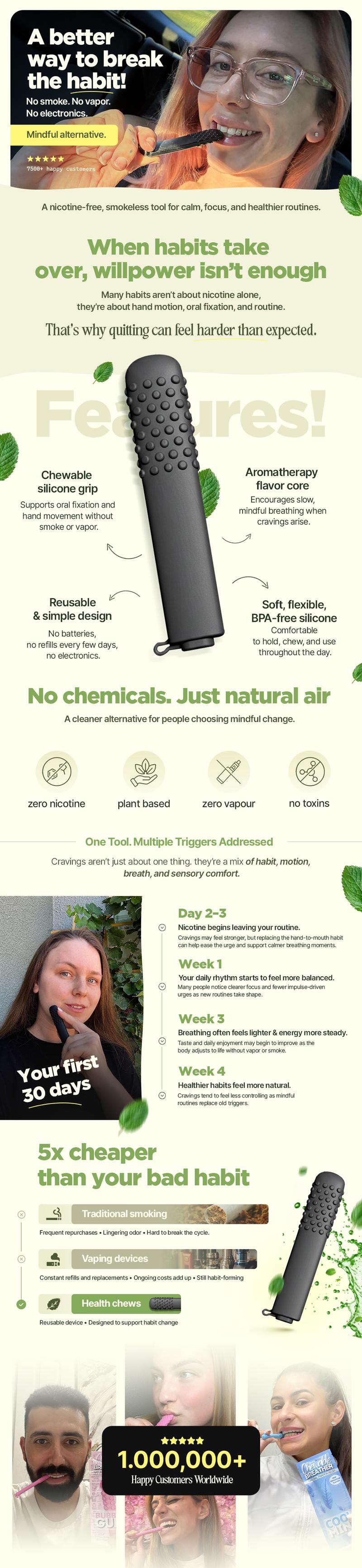 Chewable Breather PUFF-BARS Aromatherapy Essential Oil with Refills Craving Puffer Relief Help for Quitting Bad Habits