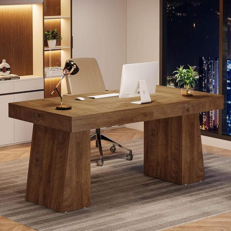 LITTLE TREE 55 Inches Executive Desk, Mid-Century Modern Home Office Desk with Double Trapezoid Base, Wood Computer Desk Business Workstation Desk Small Conference Table