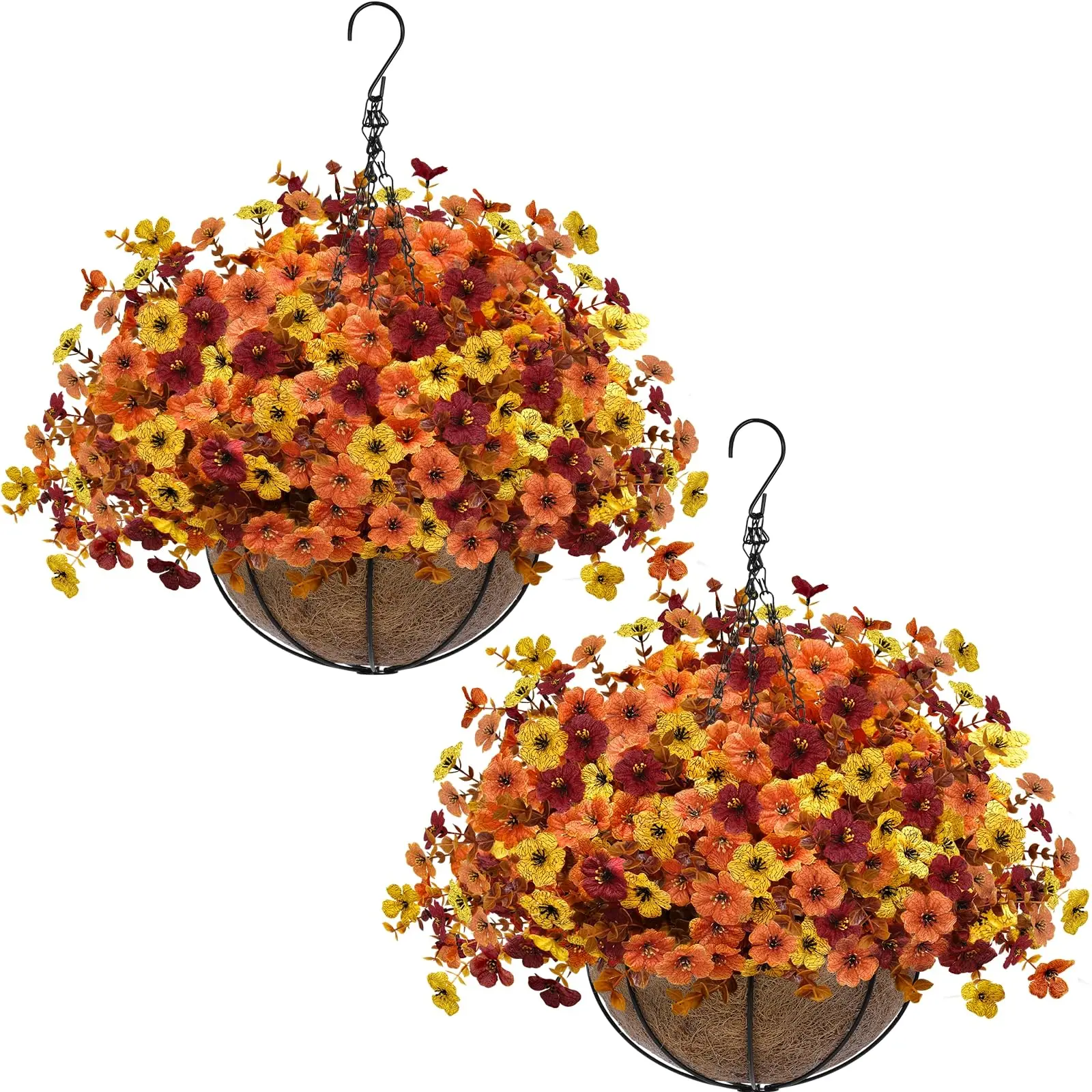 2 Sets Decorative Hanging Artificial Flowers Plant Hanger Kits - 24 Bundles Glueless Faux Silk Mums, 189 UV-Resistant Realistic Faux Plants for Outdoor Patio Garden Pots & Indoor Home Decor Wall Interior
