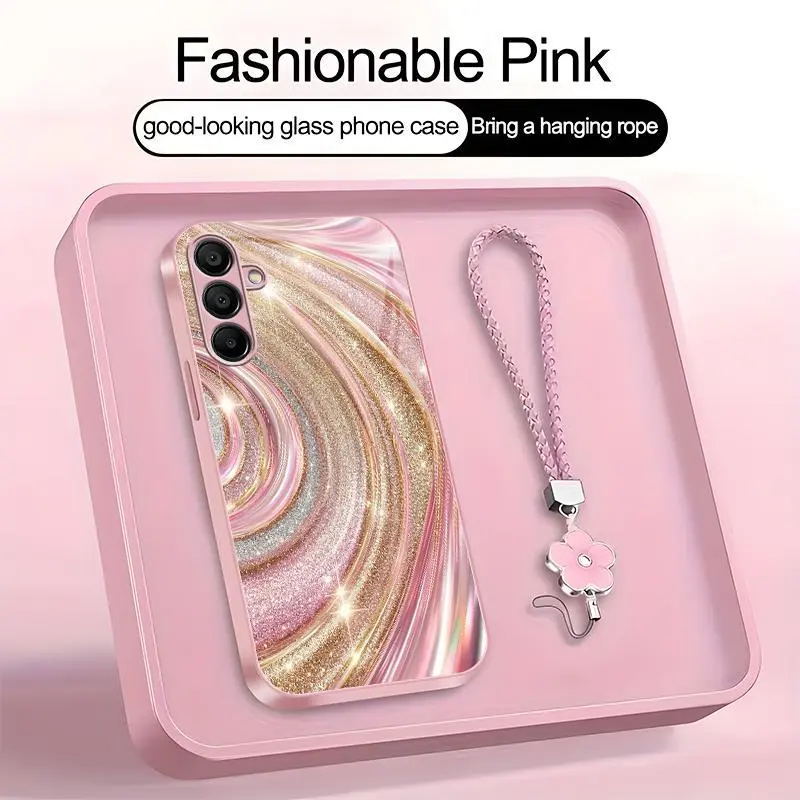 Luxury Rose Gold Swirl Phone Case with Flower Lanyard, Glitter Pink Art Aesthetic Cover for Galaxy A15 ---975