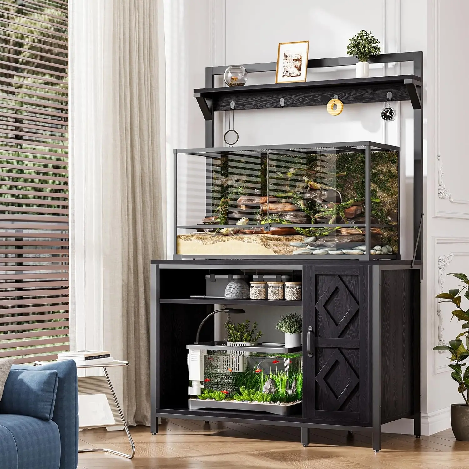 Heavy Duty Aquarium Stand with Display Shelves, 4 Hooks, 4 AC Outlets Built, Power at the Tank, Aquarium Decorations & Rectangle Frame - Cabinet for Supplies, Fits 40-50 Gal Diamond Fish Tanks, 100+ cm/12+ in Reptile Terrariums for Home Use