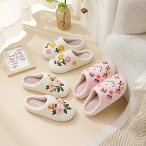 Comfortable Home Cotton Slippers with Cute Colorful Flowers for Men Women Warm Indoor Winter Footwear Flipflop
