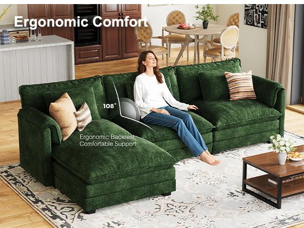 【2 Packages Shipping】ABCASA 113" Modular Sectional Sofa, Comfy Cloud Modern Couch, L Shaped Deep Seat Sofa Couches for Living Room, 4-Seater Modern Sofa with Movable Ottoman, DIY Combination, Chenille, Living Room Furniture