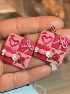 Candy Box Coquette Earrings - Square Drop Design with 3D Charms & Gold-Toned Ball Posts for Tea Parties & Date Nights