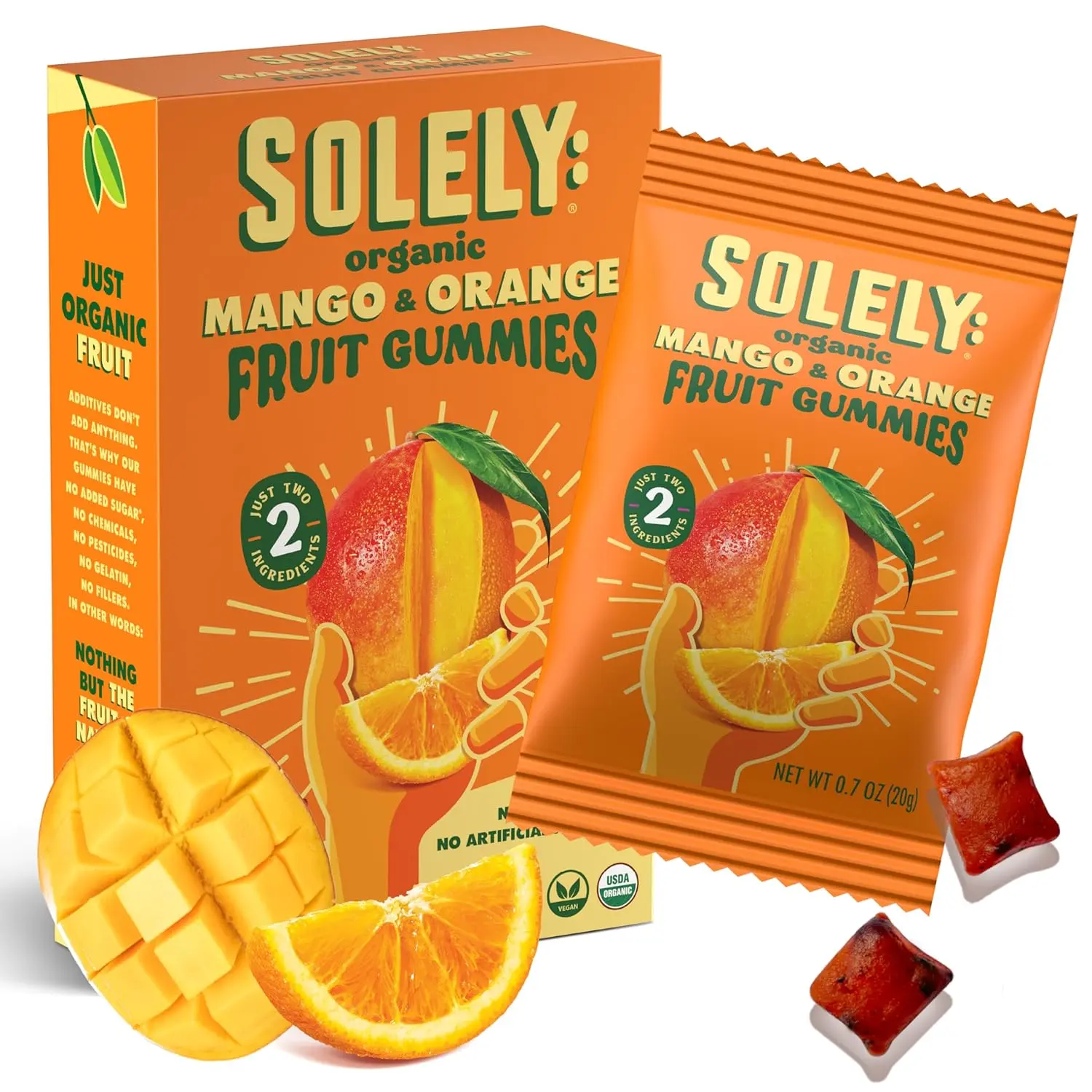 SOLELY Certified Organic Mango & Orange Chewable Whole Fruit Candy Gummies - 1 Box (5 Bags, 3.5 oz Total) - Real Fresh Fruit, Healthy Shelf-Stable Ambient Snacks for All Ages - Non-GMO, Vegan