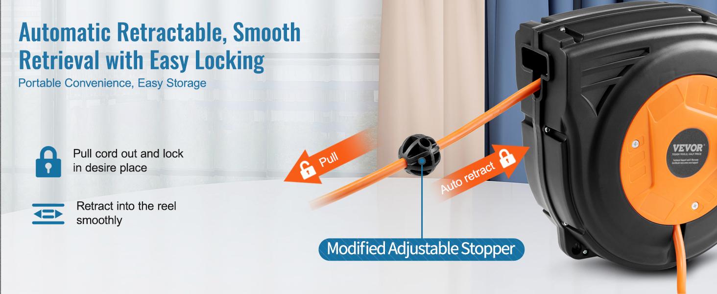 VEVOR Retractable Extension Cord Reel, Various specifications, Heavy Duty 3C SJTOW Power Cord, with Lighted Triple Tap Outlet, 15 Amp Circuit Breaker, 180° Swivel Bracket for Ceiling Tested to UL Standards VEVOR Retractable Extension Cord Reel, Various specifications, Heavy Duty 3C SJTOW Power Cord, with Lighted Triple Tap Outlet, 15 Amp Circuit Breaker, 180° Swivel Bracket for Ceiling Tested to UL Standards