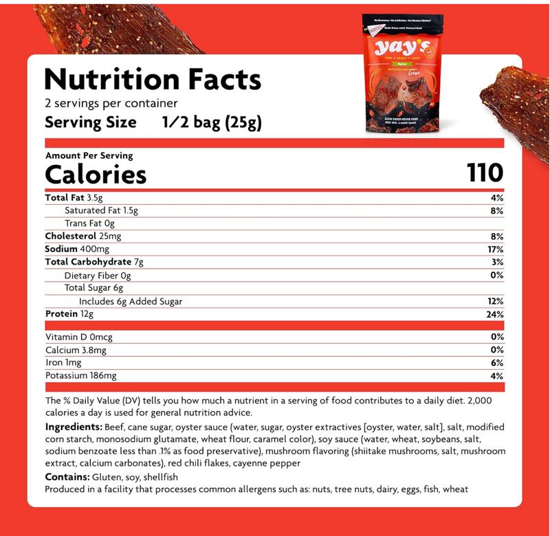 Yay's Spicy Artisanal Beef Crisps - Thin Crispy Light Snack with 24g Protein per Bag - No Hormones No Antibiotics No Nitrates - Slow-Dried for 24 Hours