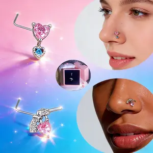 20G 7mm Pink Nose Rings for Women Durability Titanium Steel L-shaped Nose Studs Unique Style Nose Piercings with Pink Blue Heart-shaped Pendant Perfect Gifts for Women