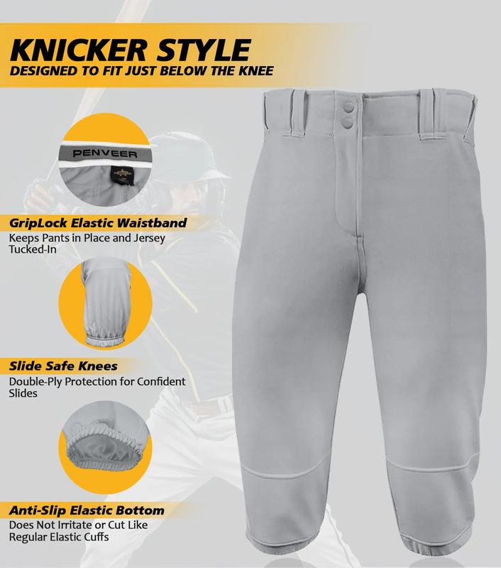 Penveer Knicker Style Adult Baseball Pants with Durable Snap Zip, Elastic Bottom Mens Baseball Pants (Gray)