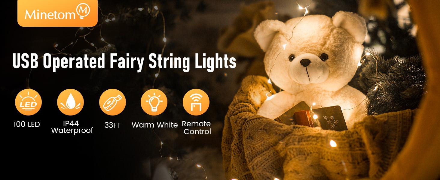 Minetom Twinkle Fairy Lights, 33 ft 100 LED USB Plug in String Lights with Remote and Timer, Waterproof 8 Modes for Bedroom Indoor Wreath DIY Party Wedding Holiday Christmas Ramadan Decorations