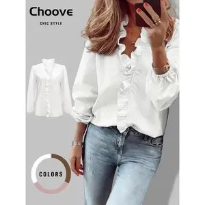 Women's Elegant V Neck Blouse with Ruffles, Loose-Fit Woven Shirt for All Seasons, Plain Pattern Casual Top for Office Wear