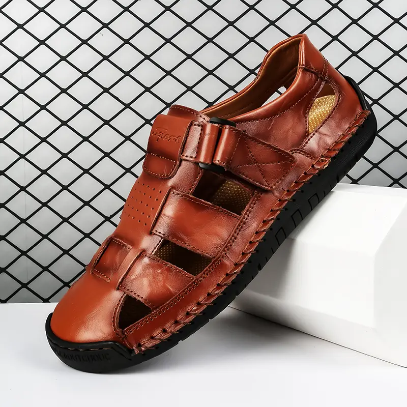 Men's Genuine Soft Leather Closed-Toe Hand-Stitched Fashionable Sandals - Adjustable Velcro Strap, Natural Rubber Grip Sole, Breathable Footwear, Foldable Ankle, Flexible Outdoor Leisure Footwear for Walking & Holidays