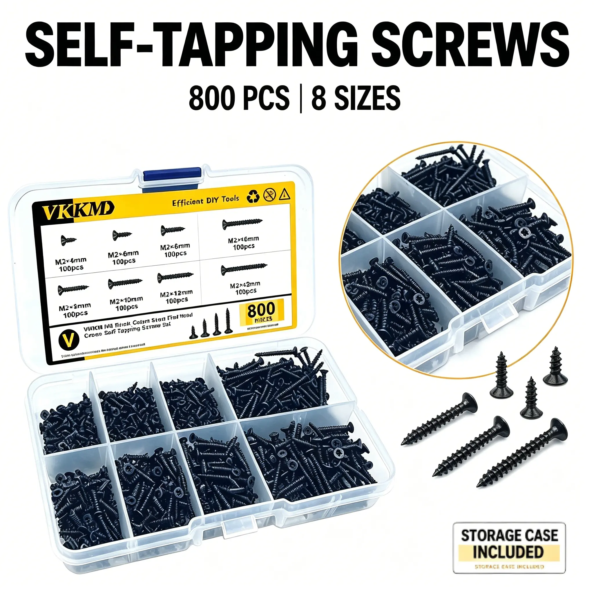 VKKM 800Pcs M2 Cross Flat Head Self Tapping Screws Assortment Kit, 8 Sizes 4/5/6/8/10/12/16/20mm Black Carbon Steel Mini Wood Screws for Electronic Equipment, Laptop, Phone, Glasses, Toy & Small DIY Repair