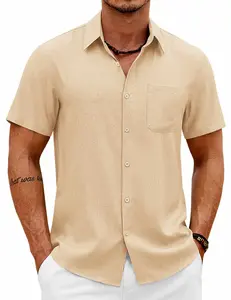 COOFANDY Mens Button Down Shirt Short Sleeve Casual Shirts Summer Beach Wedding Linen Shirt with Pocket