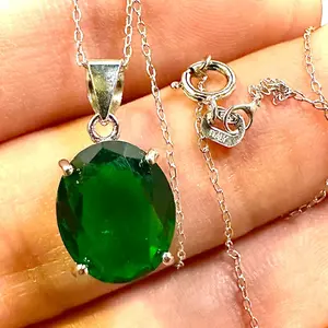 Oval Cut Emerald Pendant 925 Sterling Silver 18" Necklace