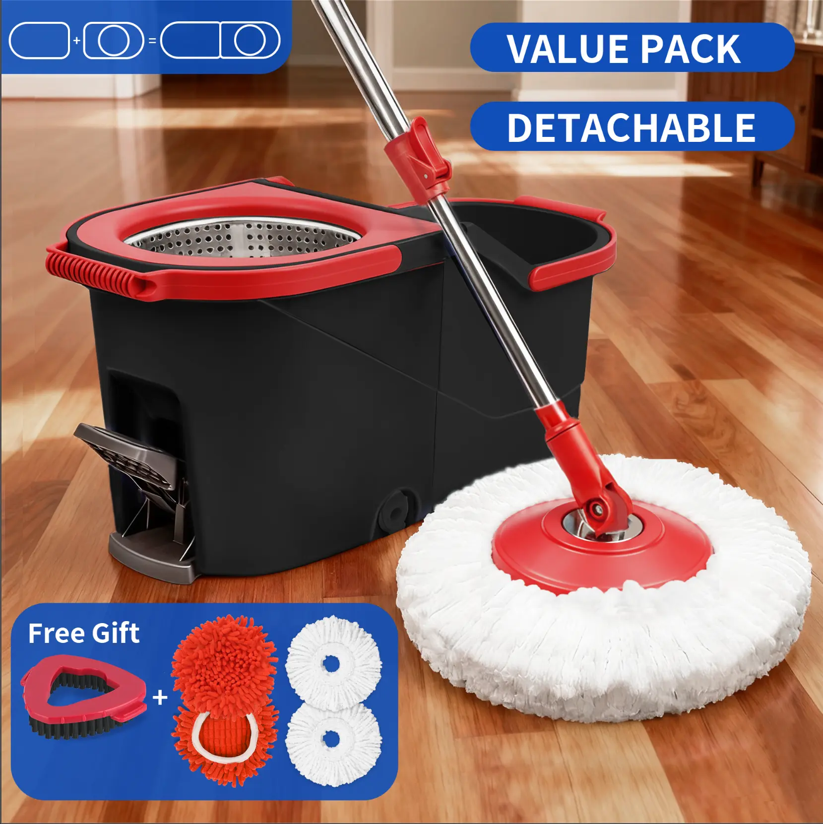 Microfiber Spin Mop and Bucket Set Spin Mop Bucket System With Microfiber Mop Replacement Heads Adjustable Handle And 1 Brush Head for Floor Cleaning