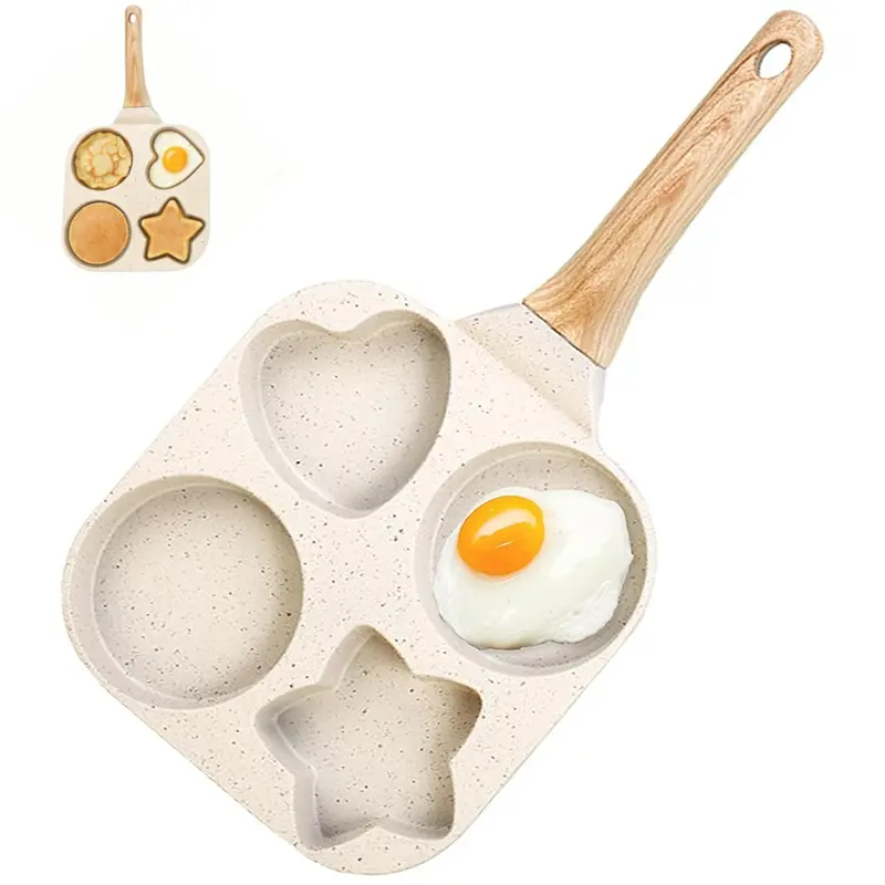 4-Cavity Design Non-Stick Marble Coating Rectangle Omelette Pan - Aluminum Alloy Cookware with Composite Base, Wooden Handle, Star & Heart Shaped Kids' Egg Pancake Maker for Morning Meals