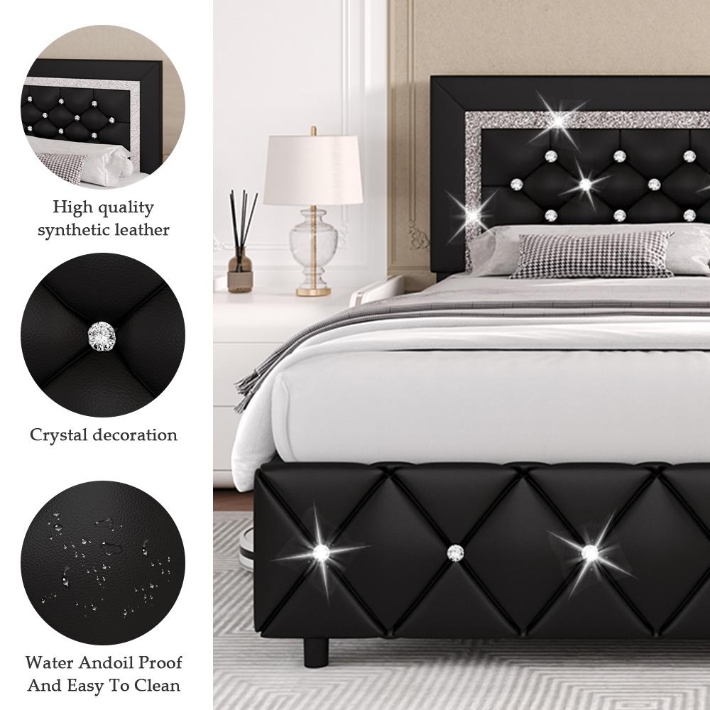 【karlanu3's Exclusive Live Link】Upholstered Diamond Bed Frame, with Diamond Tufted Headboard, Faux Leather, Wooden Slats Support, No Box Spring Needed, Easy Assembly