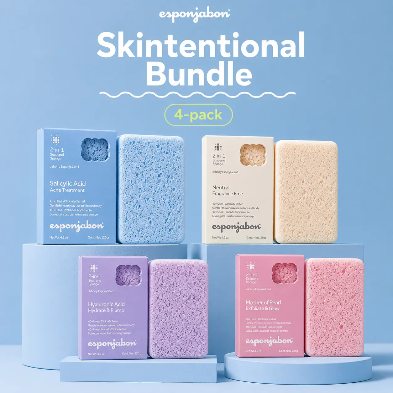 Esponjabon Skintentional 4-pack Bundle - Mother of Pearl, Salicylic Acid, Hyaluronic Acid & Fragrance Free Soap Sponges