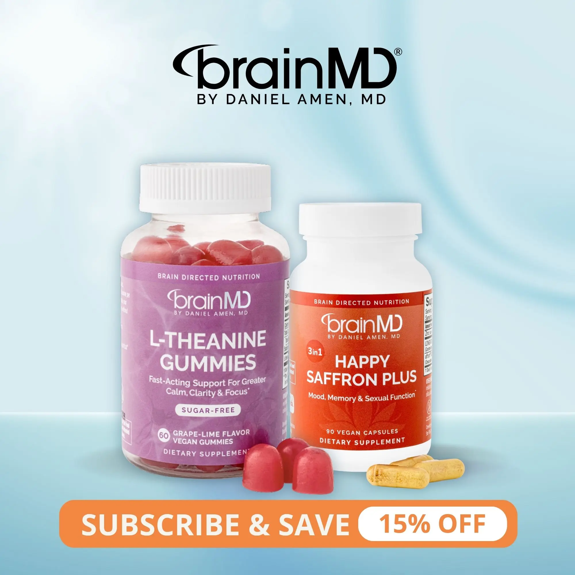 Best of BrainMD Bundle | Happy Saffron Plus 90 Capsules & L-Theanine Gummies 60 Count | Mood & Calm Support | Focus & Stress Relief | Satiereal Saffron with L-Theanine
