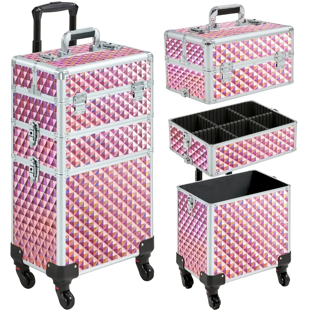 Costoffs 3-in-1 Rolling Makeup Train Case - Smooth, Water-Proof, Durable Steel-Plastic-Aluminium Build, 360° Wheels, Large Storage, Portable Cosmetology Case with Handle & Cosmetic Pouch, Holographic Pink