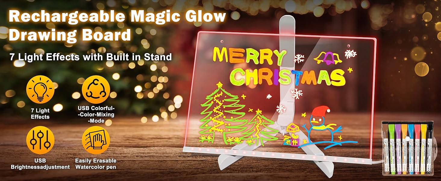 【Hot Selling Gift】LED Drawing Board with 7-Colors,Equipped with Stand,8 Colored pens (with Eraser Caps),Sketchbook,Adapter, Hook, Chain, Spray Bottle, Cloth and Sketchbook (12x“8”) LED Note Board