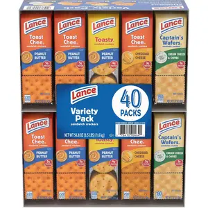 Lance Variety Pack Sandwich Crackers 40 pk. - 4 Flavors: Peanut Butter, Cheddar Cheese, Cream Cheese & Chive - 3g Protein per Serving - Perfect for Lunchboxes & On-the-Go Snacking