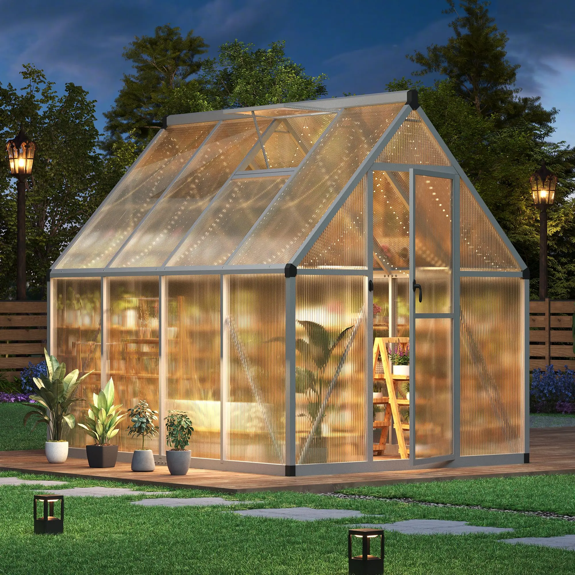 GAOMON 6×7 FT Adjustable Outdoor Polycarbonate Greenhouse, Large Walk-In Silver Grow Tent Kit with Enhanced Aluminum Frame, Lockable Push Door for Garden Planting, Adjustable Greenhouse