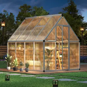 GAOMON 6×7 FT Outdoor Greenhouse, Large Walk in Greenhouses for Outdoors and Garden Planting, Polycarbonate Green House with Enhanced Aluminum Frame and W/Lockable Push Door, Silver Grow Tent System Grow Kit