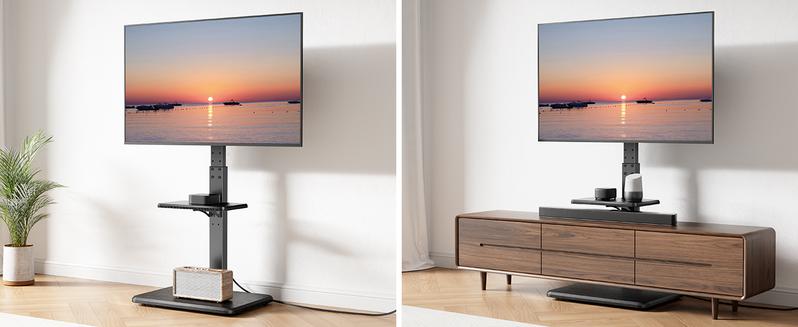 Floor TV Stand with Power Outlet, Universal TV Stand for 32-75 inch TVs up to 110 lbs, Height Adjustable Standing TV Mount, Tall TV Mount with Wood Base, Max VESA 600x400mm, PGFS06