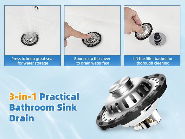 Hibbent Upgraded Bathroom Sink Drain Stopper with Visible Top Stainless Steel Filter Basket Hair Catcher 3 in 1 Pop-up Sink Strainer Fit for Standard 1.1''~2.36'' Basin Hole Chrome Finish