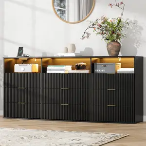 Fluted 9 Drawer Dresser with LED Lights, Modern Black Chest of Drawers with Power Outlet & Curved Top, Wide Dresser TV Stand, Black Double Dresse