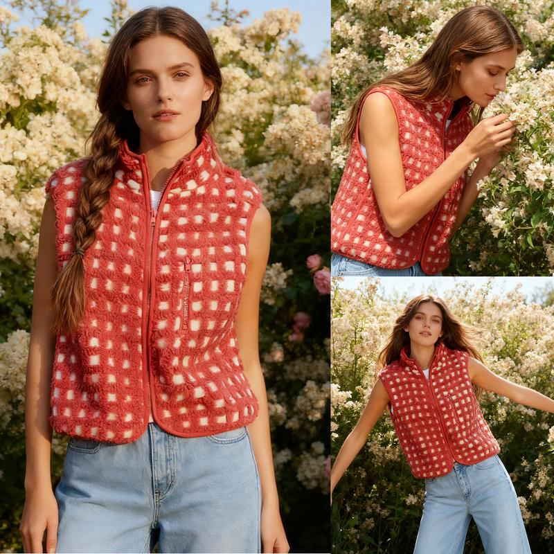 Mundoven Womens Checkered Sherpa Vest Fleece Fuzzy Zip Up Sleeveless Jacket Casual 2025 Winter Warm Outwear