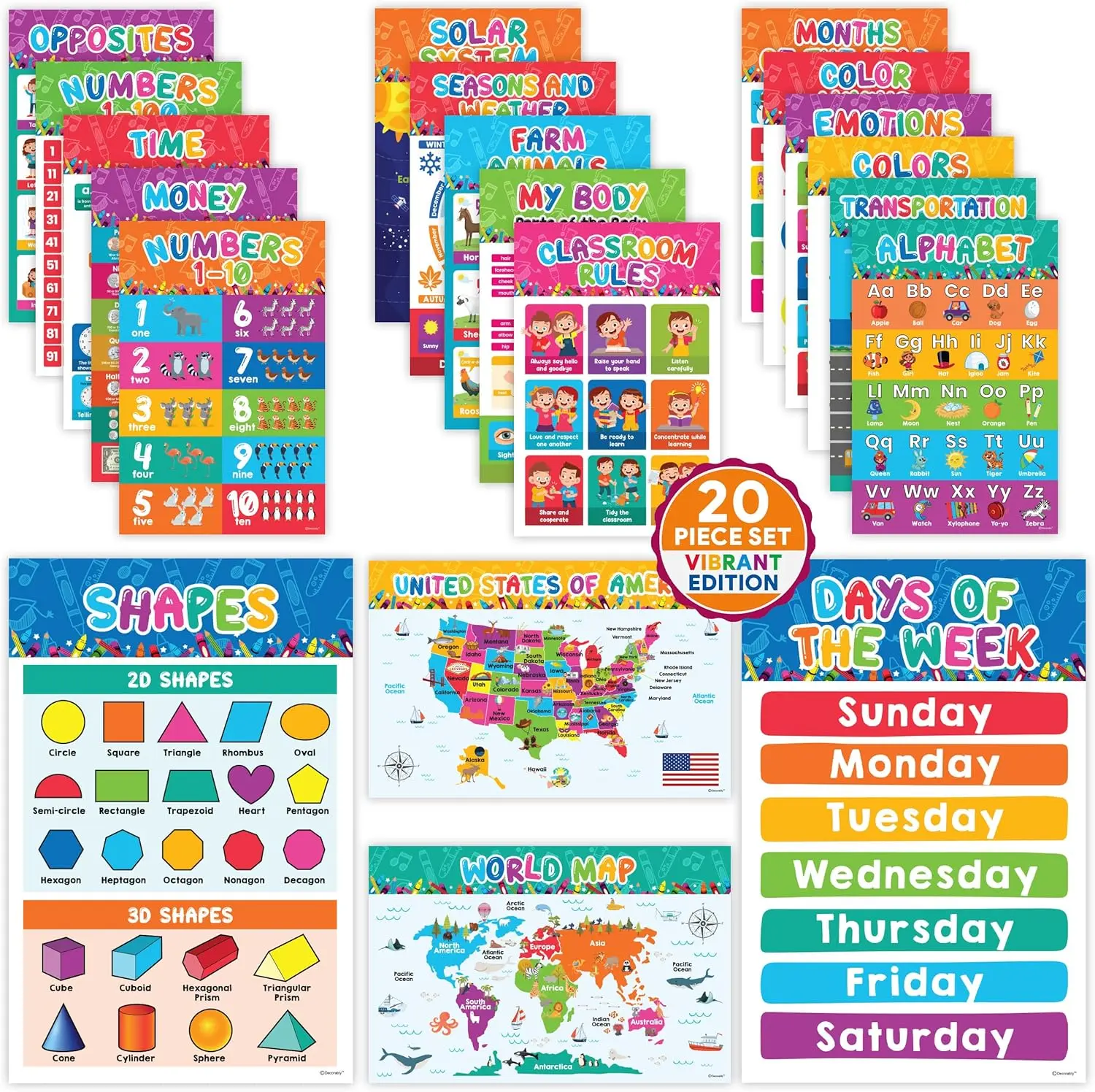 Decorably 20 Vibrant Learning Posters for Toddlers 1-3, 11x17in Educational, Matte-Laminated Classroom Decor for Preschool and Kindergarten - for Hallways, Bulletin Boards, Home Study Room