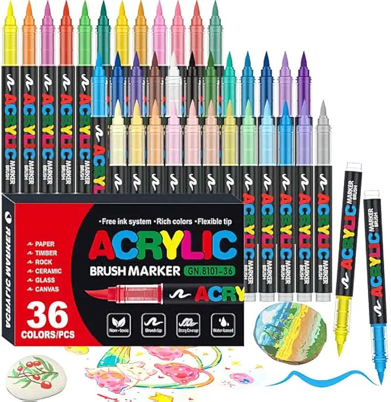 36Colors Brush Tip Acrylic Paint Pens, Art Automatic Ink Control Acrylic Paint Markers for Rock Painting, Ceramic, Wood, Canvas, Glass, Stone, Fabric, Card Making, DIY & Art Supplies modelpaintingmarkers,Pastel,Storage Box(Not edible)