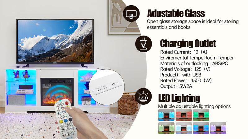 58 Inch Modern TV Stand with Electric Fireplace, LED Light Glass Shelves Entertainment Center, USB Outlets & Storage for TVs up to 65", Living Room TV Console in White